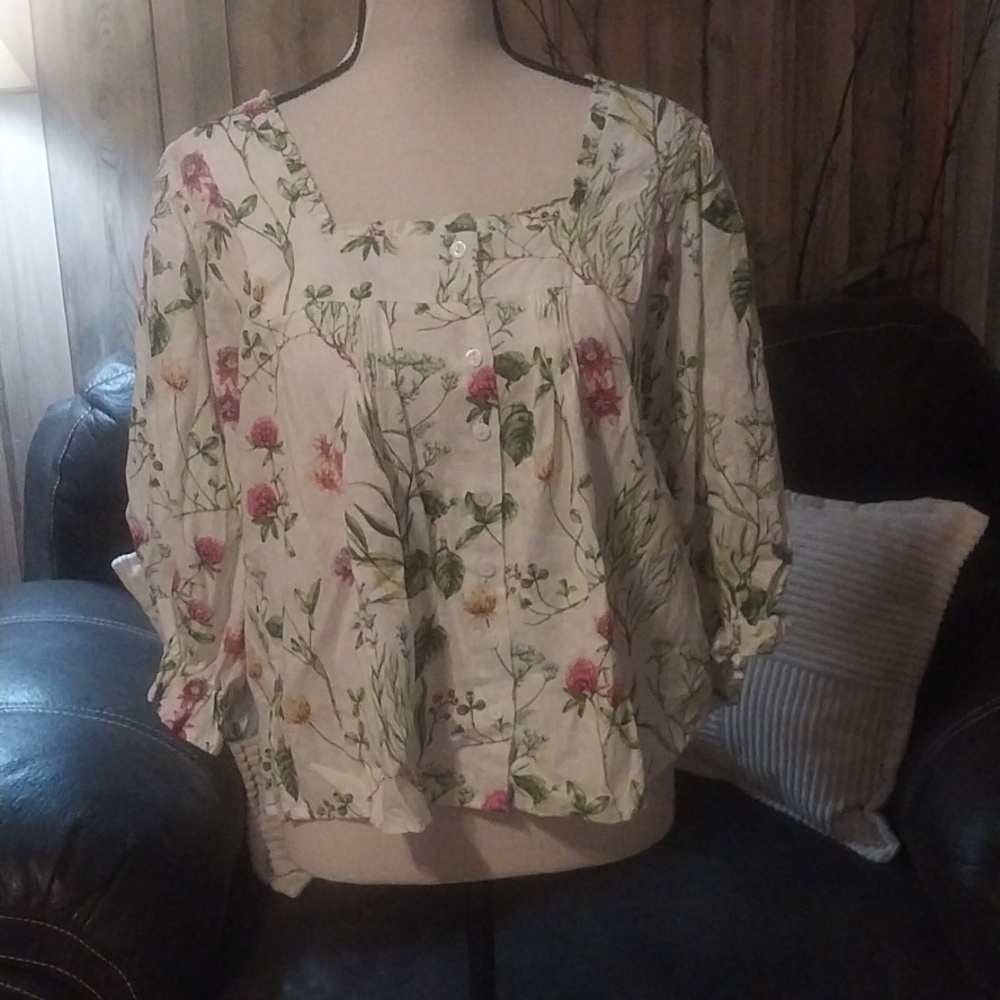 Rachel Zoe Linen Blend Peasant Romantic Foral Print Top Blouse Tunic Button Down